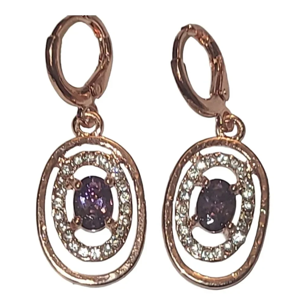 Gold Tone Oval Framed Purple Crystal Rhinestone Dangle‎ Earrings 1.25